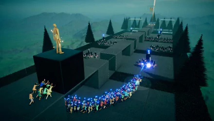 HD desktop wallpaper of Humanity (2024) video game, featuring a surreal scene with a golden statue, glowing lights, and a crowd of people navigating a geometric landscape.