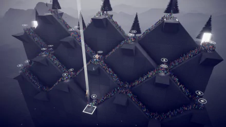 HD desktop wallpaper from the video game Humanity (2024), featuring intricate pathways filled with tiny figures navigating a mountainous terrain, under a misty, picturesque sky.