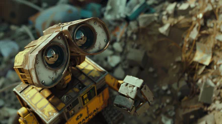 HD wallpaper featuring Wall·E, the beloved robot character from the movie Wall·E, set against a backdrop of scattered debris.
