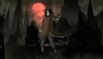 HD PC desktop wallpaper featuring Madara Uchiha from Naruto, depicted in a dark anime style against a ominous red moon and shadowy mountainous landscape.