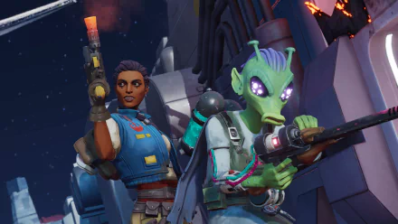 HD desktop wallpaper of Star Wars: Hunters, depicting two characters in action poses with sci-fi weapons against a space backdrop.