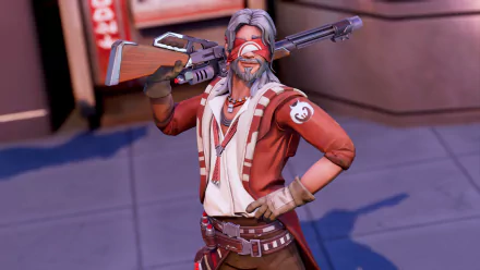 HD desktop wallpaper featuring a character from the video game Star Wars: Hunters, showcasing a confident warrior with a blaster rifle and an eyepatch, standing in an urban environment.