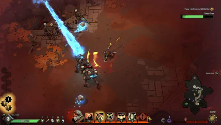 HD desktop wallpaper and background featuring an action scene from the video game Ravenswatch, with characters battling on a detailed, reddish-brown terrain.