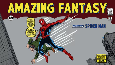 HD PC desktop wallpaper: Spider-Man swinging from the classic Amazing Fantasy cover — Steve Ditko–era Marvel Comics artwork.