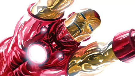 HD PC desktop wallpaper featuring Iron Man illustrated in the distinctive style of Alex Ross, showcasing the hero in dynamic flight with glowing arc reactor.