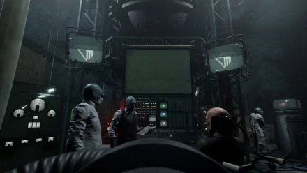 HD desktop wallpaper and background from the video game The Outlast Trials, depicting a dark, dystopian laboratory with several characters and monitors displaying a mysterious symbol.