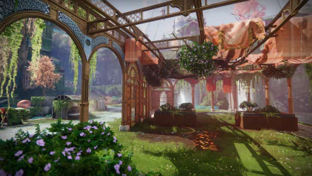 HD desktop wallpaper of Destiny 2: The Final Shape featuring a lush, ornate garden with arches, greenery, and hanging plants bathed in soft sunlight.