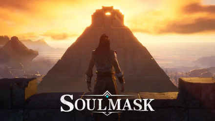 HD desktop wallpaper of the video game Soulmask, featuring a character standing before a large pyramid structure during sunset. The game's title is displayed prominently at the bottom.