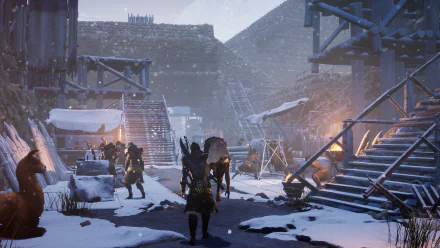 HD desktop wallpaper and background from the video game Soulmask featuring a snowy medieval village scene with armored characters, wooden structures, and ambient firelight.