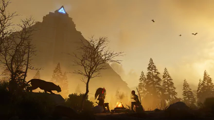 HD desktop wallpaper featuring a scene from the video game Soulmask. It portrays two characters around a campfire with a mountain in the background, a panther nearby, amid a forest at dusk.