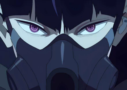 Close-up of Soushirou Hoshina from the anime Kaiju No. 8 wearing a dark mask, displaying intense purple eyes in a high-definition PC desktop wallpaper.