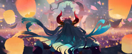 HD PC desktop wallpaper featuring Yamato from One Piece in an anime style, with glowing lanterns and cherry blossoms creating a vibrant, atmospheric backdrop.