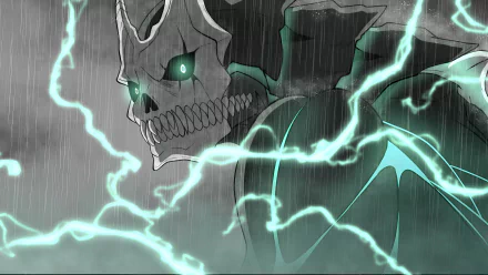 HD anime desktop wallpaper featuring Kafka Hibino from Kaiju No. 8 in a dynamic, stormy scene with glowing lightning and an intense, skeletal Kaiju form.