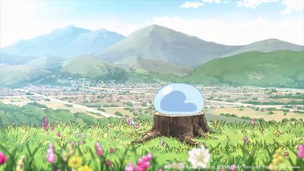 Rimuru Tempest from That Time I Got Reincarnated as a Slime rests on a tree stump overlooking a vibrant nature-filled valley in this 8K Ultra HD anime desktop wallpaper.