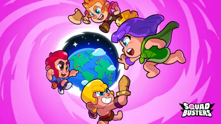 HD desktop wallpaper featuring animated characters from the video game Squad Busters by Supercell, with characters floating around a stylized Earth against a vibrant pink background.