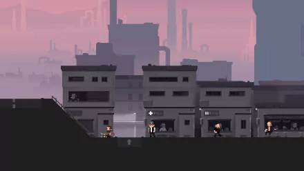HD desktop wallpaper and background featuring a scene from the video game The Final Station, with pixel art showing characters walking in front of industrial buildings against a pinkish sky.