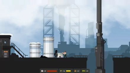 HD desktop wallpaper and background from the video game The Final Station depicting a dark, industrial scene with two characters standing amidst large machinery and foggy, dystopian structures in the background.