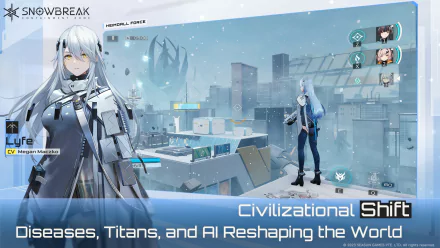HD desktop wallpaper from the video game Snowbreak: Containment Zone, showcasing a futuristic snowy cityscape with characters and UI elements, highlighting themes of diseases, titans, and AI reshaping the world.
