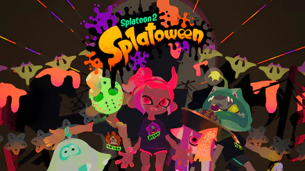 HD PC wallpaper featuring Splatoon 2's Splatoween event with vibrant ink splashes, spooky ghost characters, and festive Halloween-themed elements.