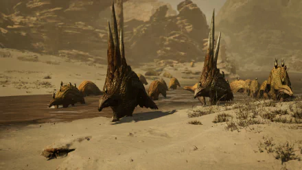 HD desktop wallpaper featuring a scene from the video game Monster Hunter Wilds, showcasing spiked, massive creatures traversing a desert landscape with rugged mountains in the background.