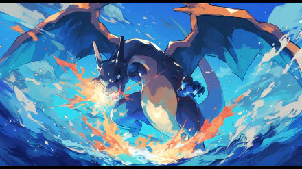 HD desktop wallpaper featuring Mega Charizard X (Pokémon) in vibrant colors, showcasing its fierce form and Mega Evolution with flames against a dynamic blue background.