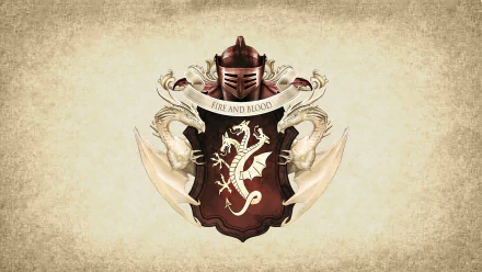 HD desktop wallpaper featuring the House of the Dragon TV show emblem: a shield with the Targaryen dragon sigil, flanked by two dragons, with Fire and Blood banner above.