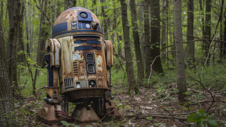 HD Star Wars desktop wallpaper featuring R2-D2 in a lush forest setting.