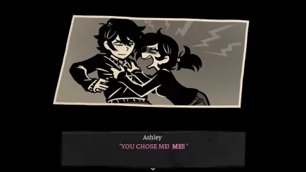 HD desktop wallpaper depicting a dramatic scene from the video game The Coffin of Andy and Leyley. A black-and-white illustration shows two characters in an intense interaction with the caption, You chose me! ME!!