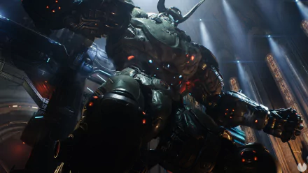 HD desktop wallpaper featuring a menacing robot from the video game DOOM: The Dark Ages, bathed in dramatic lighting with towering architecture in the background.