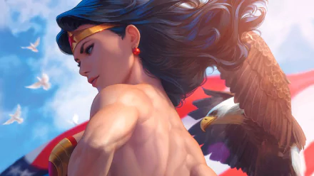 HD PC desktop wallpaper featuring Wonder Woman by Artgerm, showcasing the iconic DC Comics heroine with flowing hair and a soaring eagle against a bright sky.