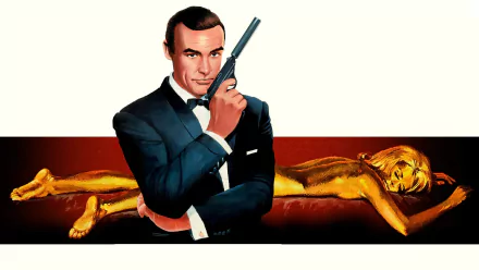 HD desktop wallpaper featuring James Bond from the 007 Goldfinger movie, with Bond holding a gun and a golden woman lying behind him.