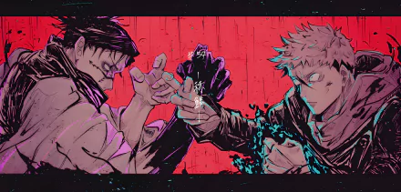 HD desktop wallpaper of Jujutsu Kaisen manga with Yuji Itadori and Choso clashing against a vibrant red background.