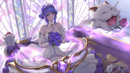A high-definition wallpaper featuring Sona from League of Legends, beautifully adorned in a bridal gown, holding purple flowers, with a joyful creature beside her, emanating a magical, serene ambiance.