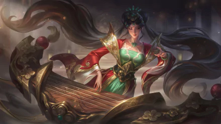 HD desktop wallpaper featuring Sona from the video game League of Legends, showcasing her in a detailed, vibrant outfit playing her ethereal instrument. The background is mystical and enchanting.