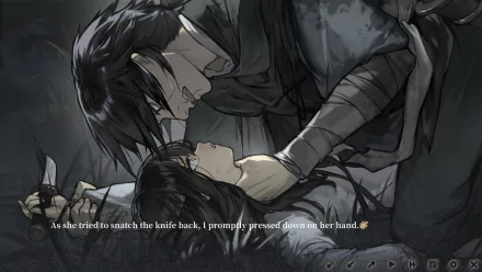 HD desktop wallpaper and background from the video game The Hungry Lamb: Traveling in the Late Ming Dynasty, depicting a dramatic scene with two characters struggling over a knife.