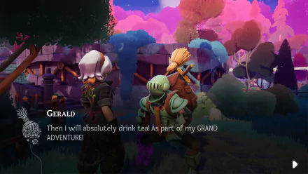 HD desktop wallpaper of Wanderstop video game featuring two characters conversing in a colorful, dreamy landscape. Text reads, Then I will absolutely drink tea! As part of my GRAND ADVENTURE!