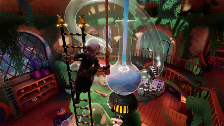 HD desktop wallpaper of the video game Wanderstop, featuring a character working with alchemical equipment in a cozy, vibrant room filled with greenery and wooden furniture.