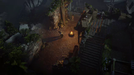 HD wallpaper of a scene from the video game Eriksholm: The Stolen Dream. The image shows an evening campfire setting with characters and structures surrounded by greenery and shadows.