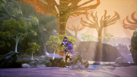 HD desktop wallpaper and background featuring a character from the video game Shin Megami Tensei V: Vengeance, amidst a fantastical landscape with glowing, otherworldly trees and vibrant colors.