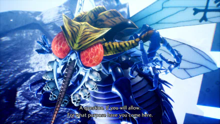 HD desktop wallpaper of a scene from the video game Shin Megami Tensei V: Vengeance, featuring a detailed, monstrous character with large red eyes and a dialogue text overlay.