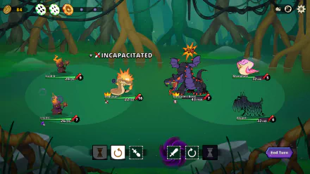 HD desktop wallpaper featuring a turn-based battle scene from the video game, Dicefolk, with various creatures engaged in combat amidst a lush, forested background.