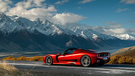 HD PC desktop wallpaper featuring a vibrant red Ferrari F50 parked on a road with a dramatic snowy mountain range and blue sky in the background.