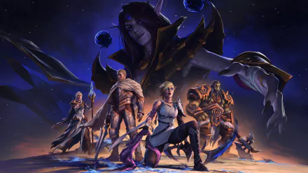HD desktop wallpaper featuring characters from the video game World of Warcraft: The War Within. The image depicts a group of warriors poised for battle under a dark, starry sky.