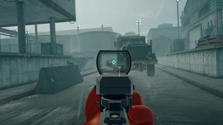 HD desktop wallpaper of a scene from the video game Killer Bean, featuring a first-person view aiming a gun at an enemy in an industrial setting under rainy weather.