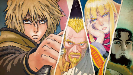 HD desktop wallpaper featuring characters from Vinland Saga: Thorfinn, Askeladd, Canute, and Thors, illustrated in vivid colors and dynamic poses.