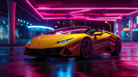 A vibrant 4K Ultra HD PC desktop wallpaper featuring a sleek yellow Lamborghini Huracan Spyder under neon pink and blue lights in a futuristic setting.