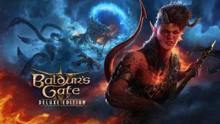 HD desktop wallpaper featuring Karlach from the video game Baldur's Gate 3, with fiery background and raging battle scene. Text reads Baldur's Gate Deluxe Edition.