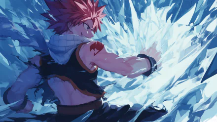 HD desktop wallpaper featuring Natsu Dragneel from the anime Fairy Tail, showcasing his dynamic pose and characteristic fiery pink hair.