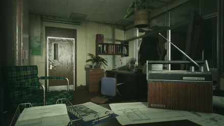 HD desktop wallpaper and background image from the video game Still Wakes the Deep, depicting an office with a cluttered desk, old radio, green checkered chair, and various documents and books.