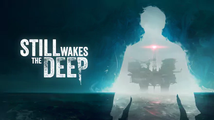HD desktop wallpaper and background from the video game Still Wakes the Deep, featuring a shadowy figure's outline framing an offshore oil rig in a misty, foreboding sea.